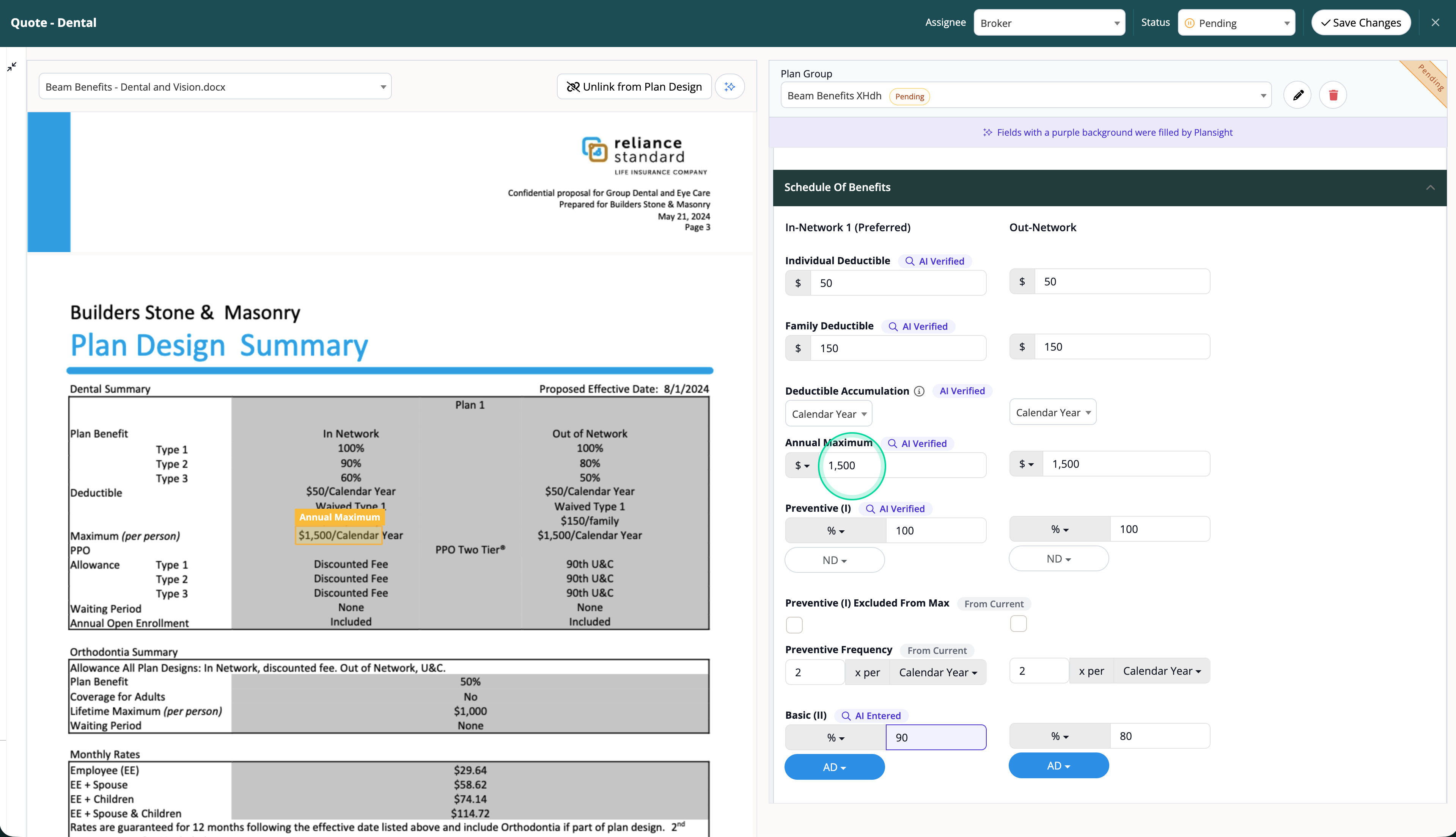 Side-by-side view showing a converted Word document with AI-extracted plan data