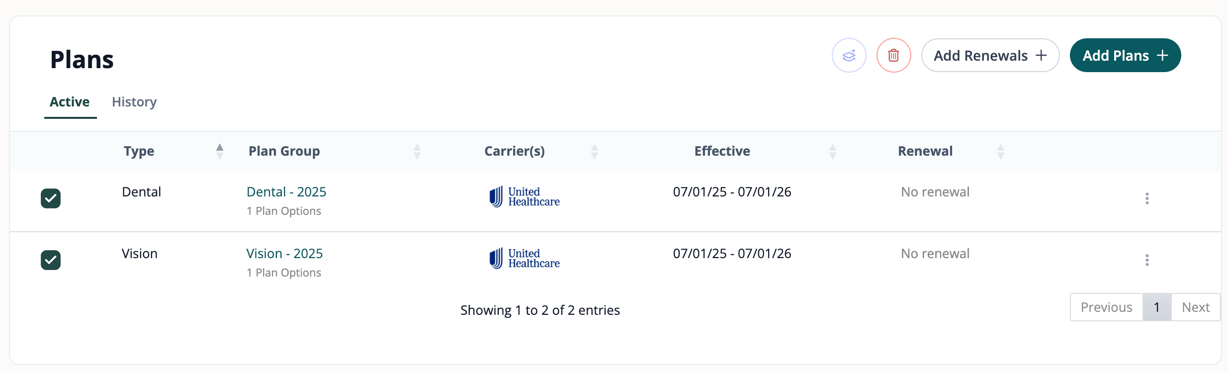 Plans section showing selected Dental and Vision plans with Add Renewals button