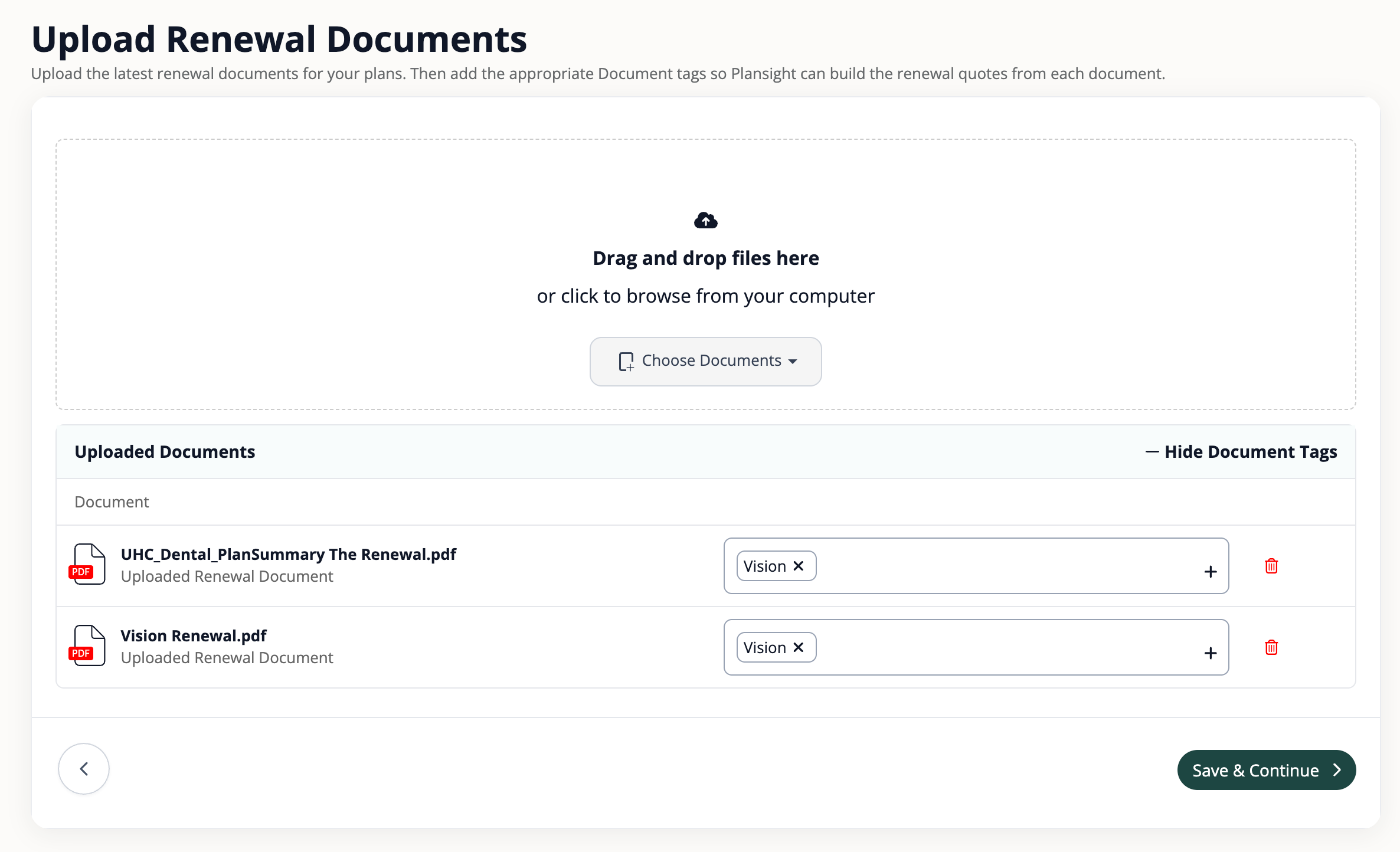 Upload Renewal Documents screen with drag-and-drop area, uploaded PDFs with document tags