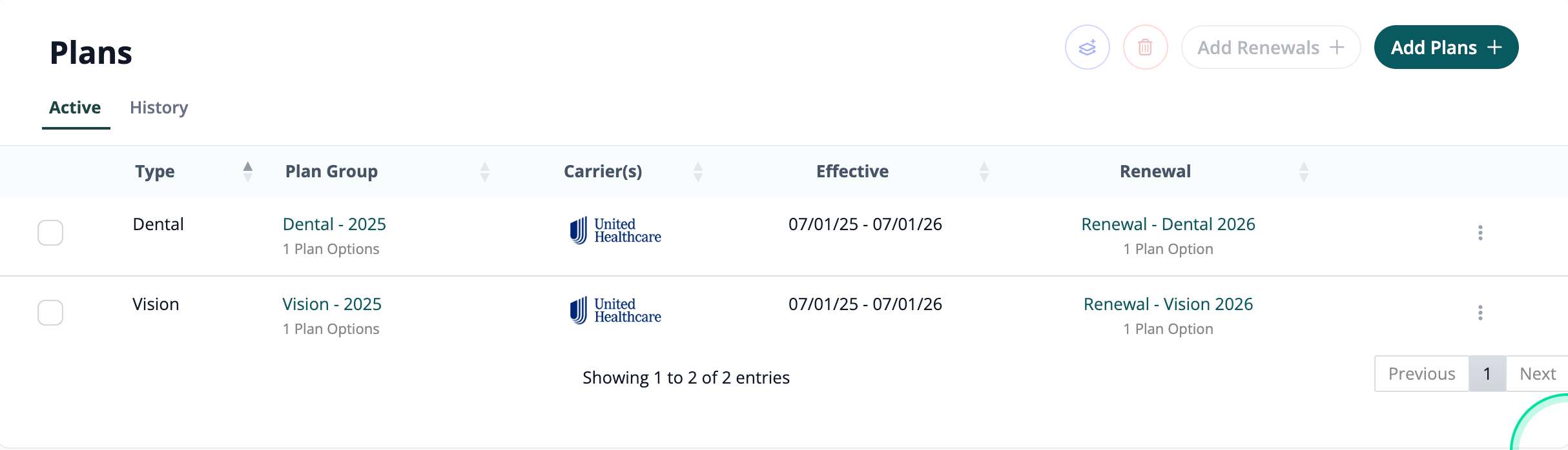 Plans table showing renewal links for Dental 2026 and Vision 2026