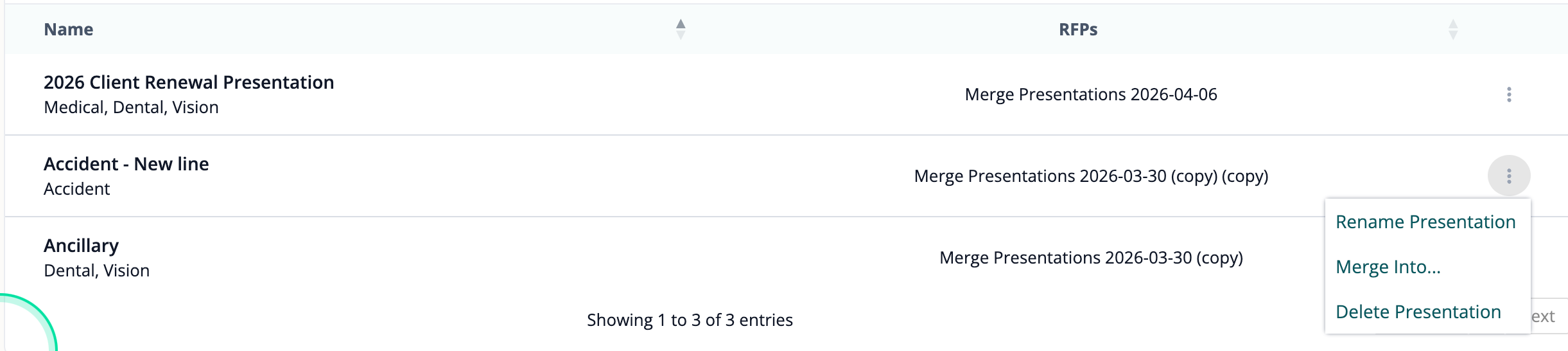 Presentation table showing three-dot menu with Rename Presentation, Merge Into, and Delete Presentation options