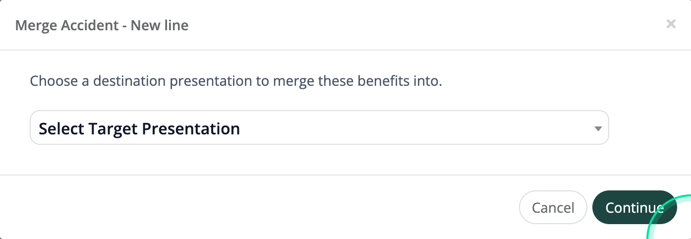 Merge modal with Select Target Presentation dropdown and Continue button
