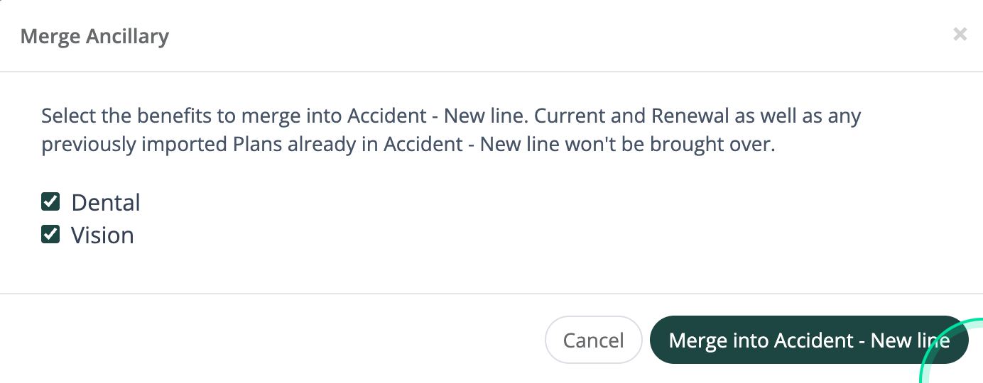 Merge modal showing benefit type checkboxes for Dental and Vision with Merge into button