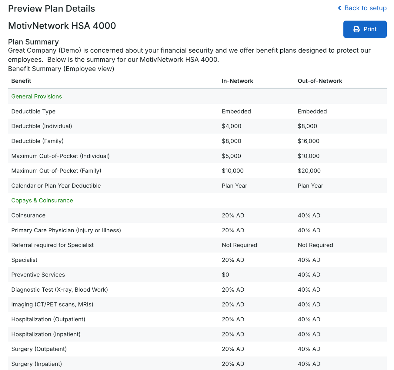 Employee Navigator plan preview: full benefit summary for MotivNetwork HSA 4000 with in network and out of network columns